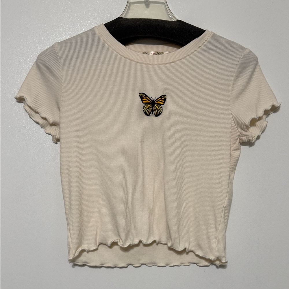 Heart Hips Cream Crop Top with Butterfly Detail - Juniors Large